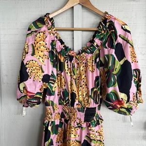 Farm Rio Maxi Banana Dress Scoop Neck and Puff Sleeves Off the Shoulder